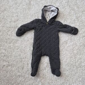 First Wish Grey Quilted Pram Suit 9-12M Animal Ear Hooded Bunting Side Zip